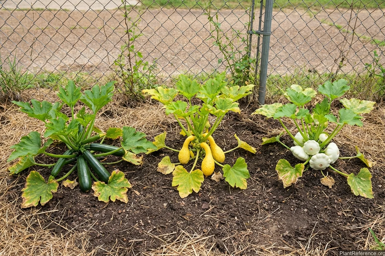 Black Beauty zucchini, Yellow Crookneck, and Pattypan squash varieties growing in Memphis Zone 7b climate