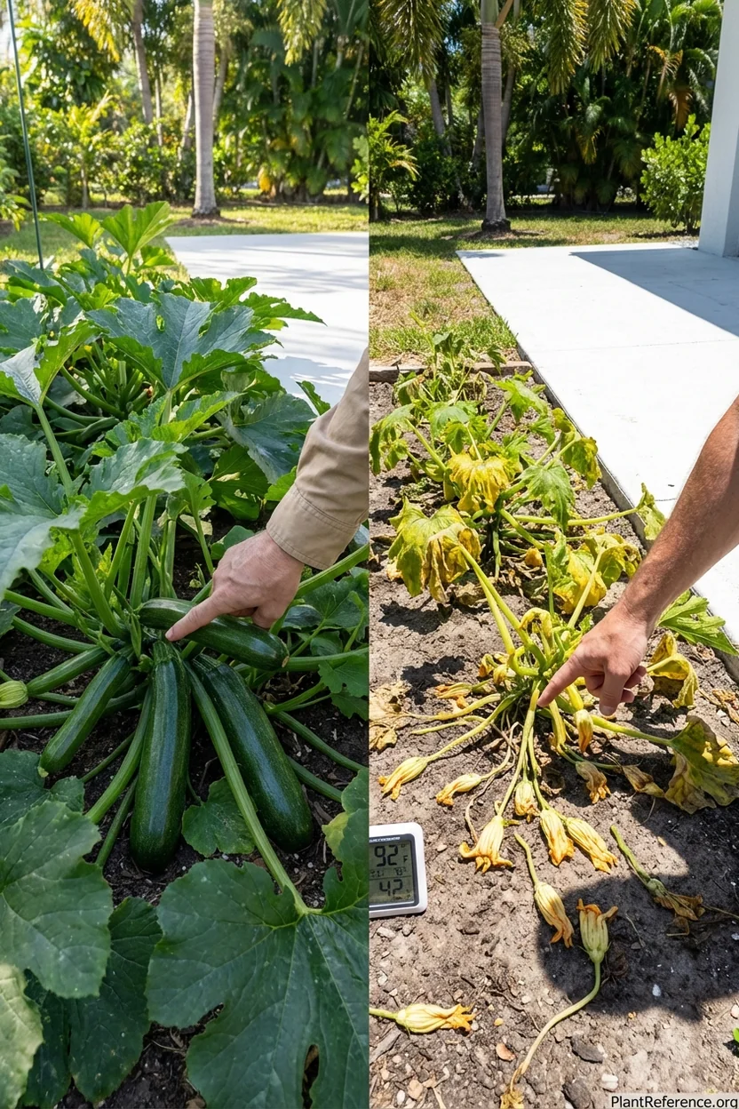 Heat stress damage on squash plants in Miami Zone 10b summer heat