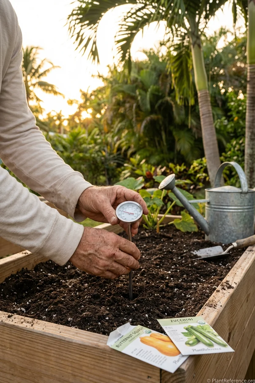 Checking soil temperature for squash planting in Miami Zone 10b