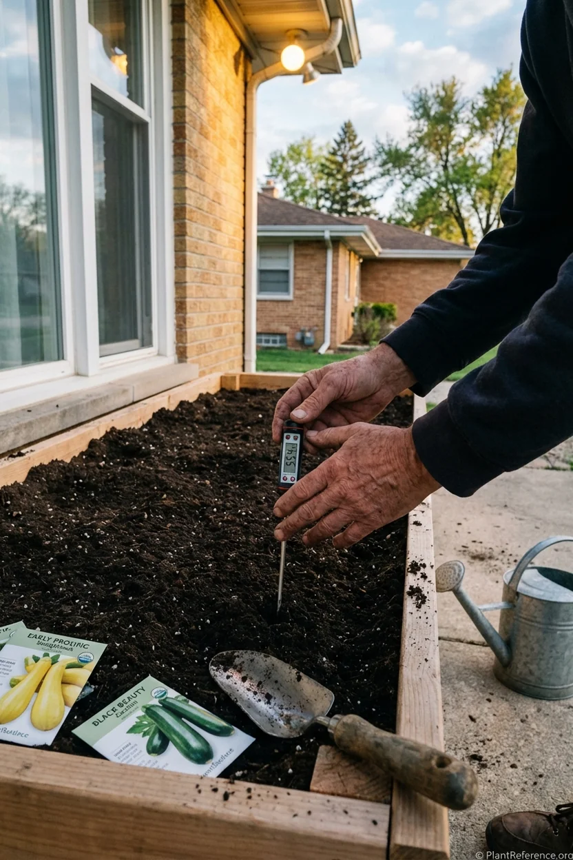 Checking soil temperature in Milwaukee garden before planting squash seeds in Zone 5b