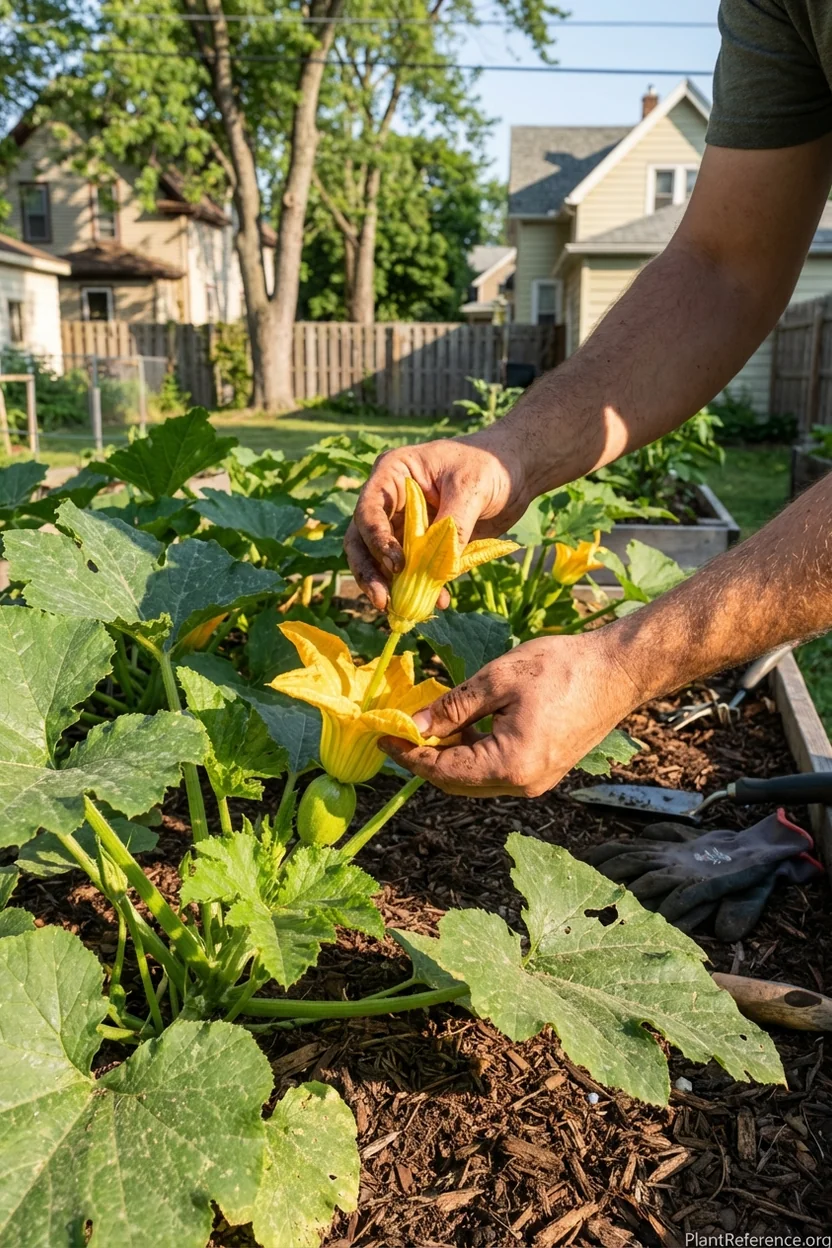 Hand pollinating squash flowers in Milwaukee garden to ensure fruit set in Zone 5b