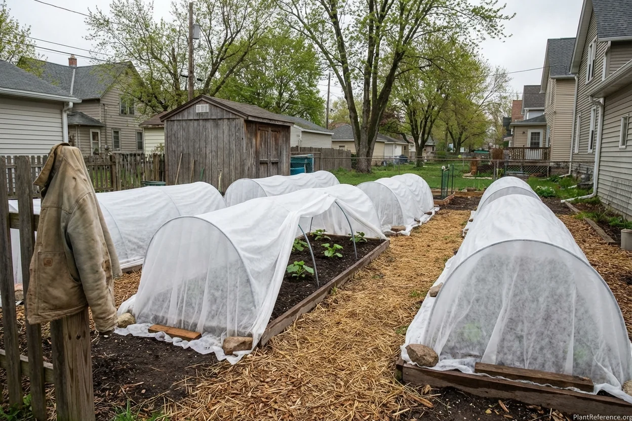 Row covers protecting squash plants from cold weather in Milwaukee Zone 5b garden