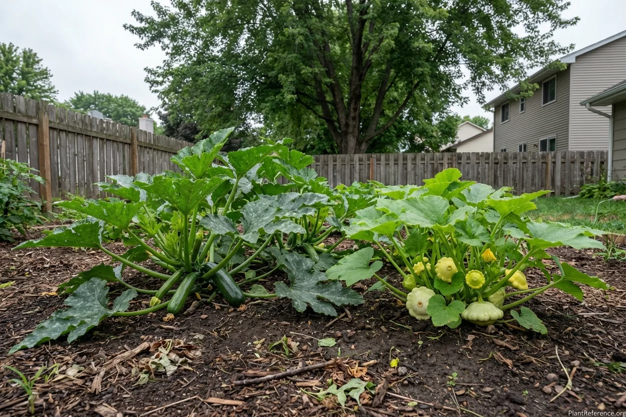 Summer squash varieties Black Beauty zucchini and Pattypan growing in Minneapolis Zone 4a garden