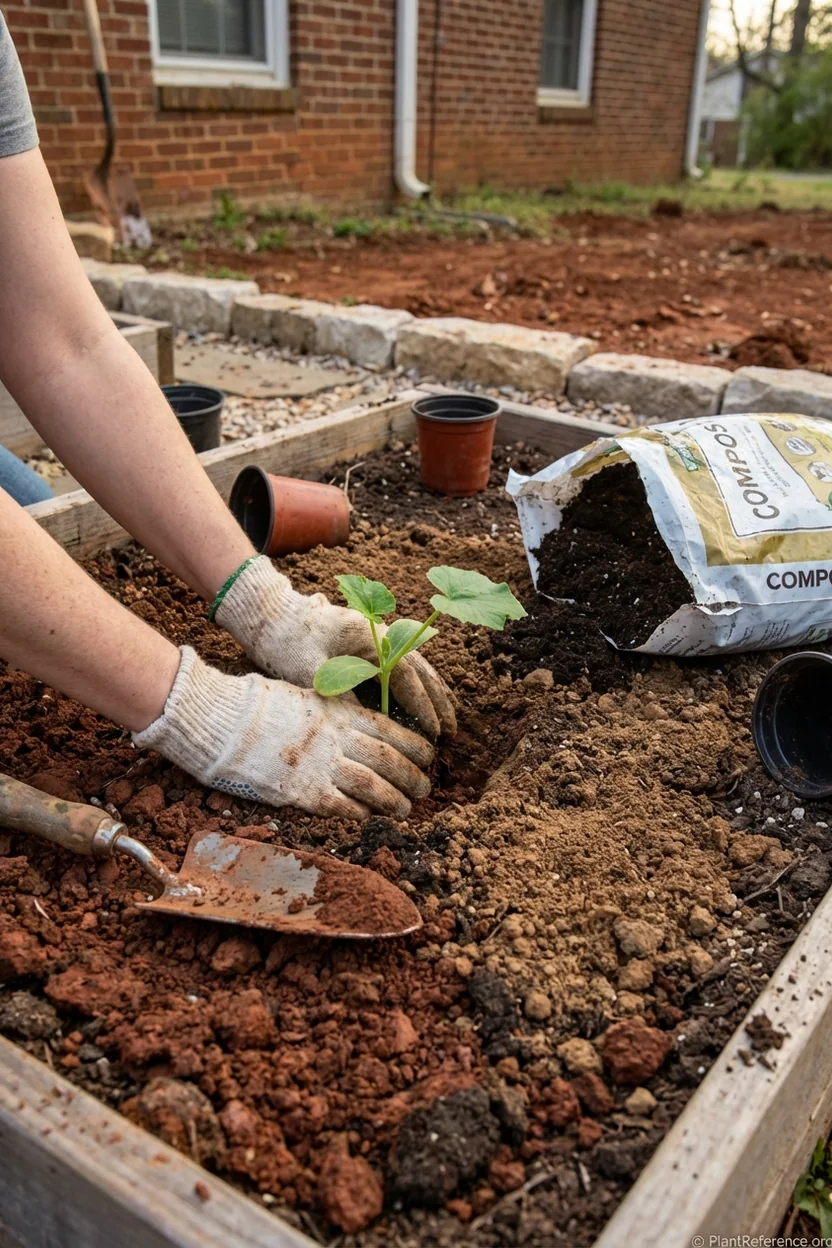Planting squash transplants in Nashville Tennessee red clay amended soil