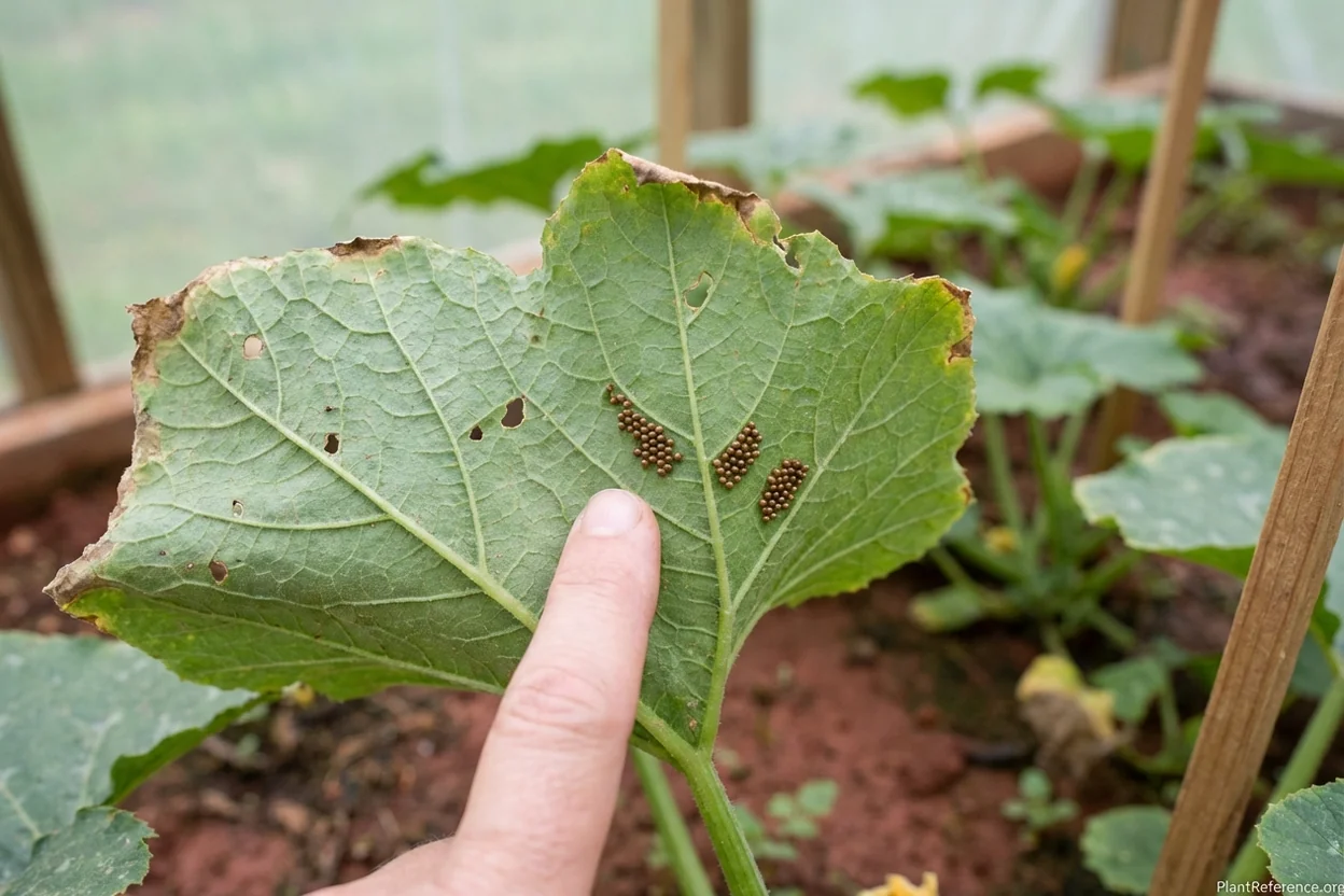 Identifying squash bug eggs on squash leaf in Nashville Tennessee garden