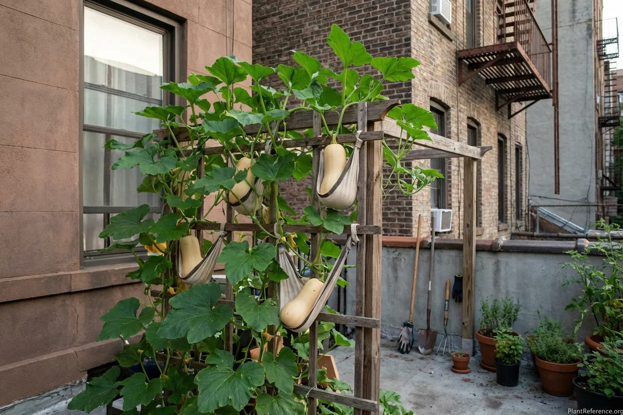 Butternut squash growing vertically on trellis in New York urban garden space