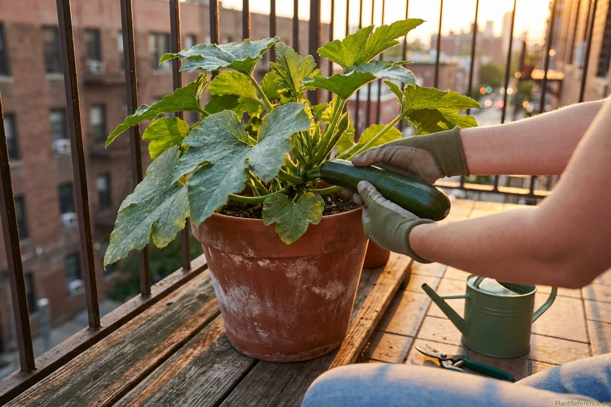 Harvesting zucchini in New York container garden showing proper size for picking