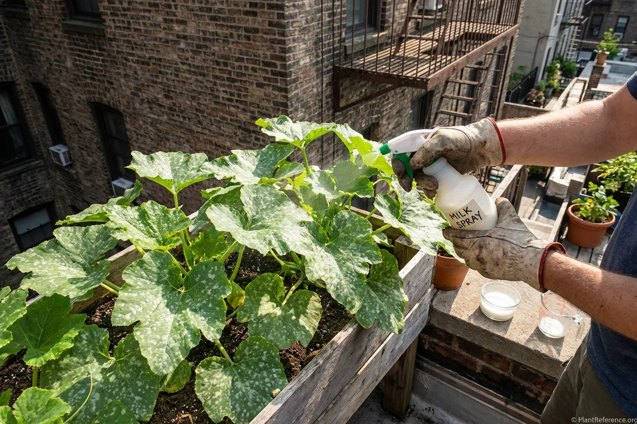 Treating powdery mildew on squash plants in New York urban garden with milk spray