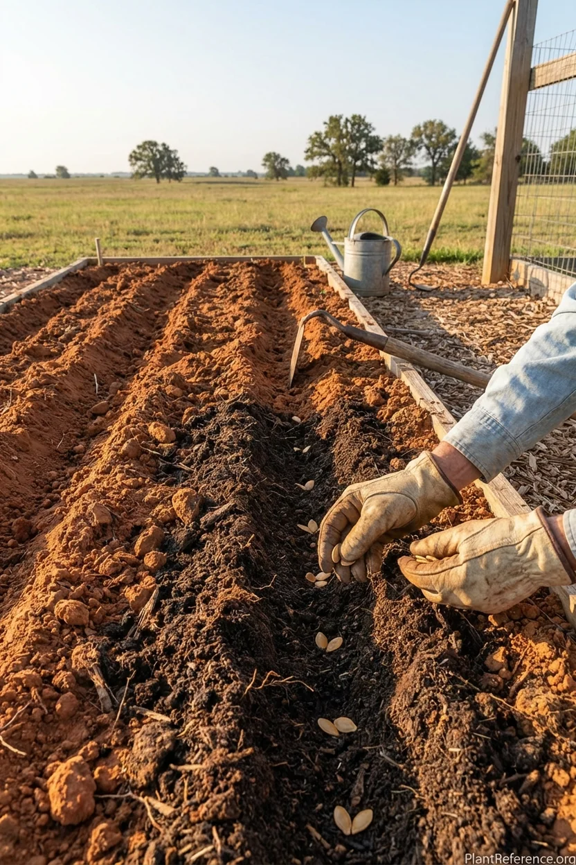 Direct sowing squash seeds in Oklahoma City garden showing proper soil preparation