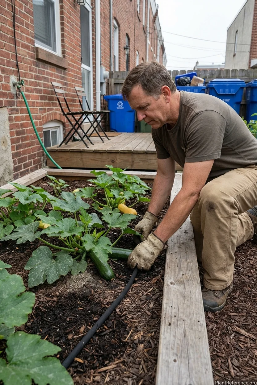 Proper irrigation setup for squash plants in Philadelphia urban garden using drip system