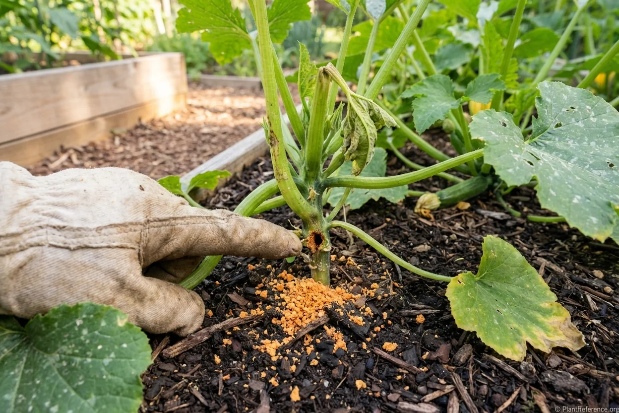 Squash vine borer damage symptoms on zucchini plant in Philadelphia Zone 7a garden