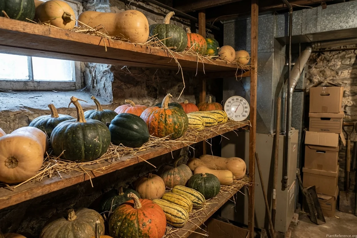 Properly cured and stored winter squash in Philadelphia basement storage setup