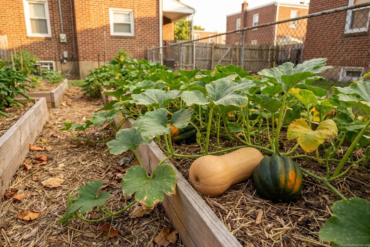 Mature butternut and acorn squash developing on healthy vines in Philadelphia Zone 7a garden