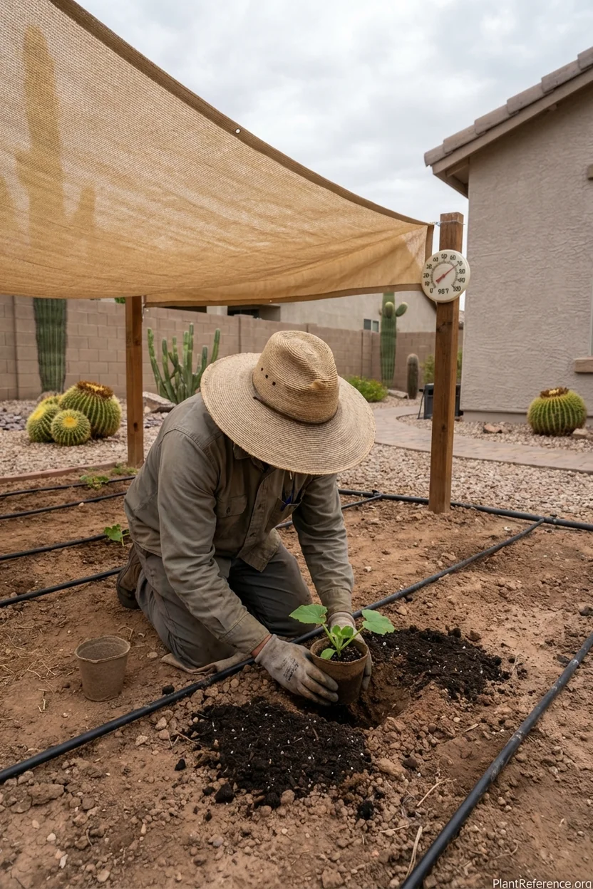 Transplanting squash in Phoenix August with shade cloth protection from desert heat