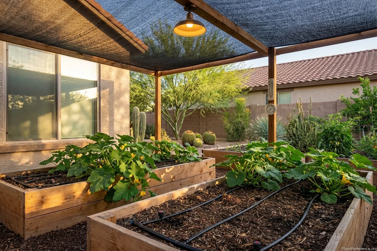 Phoenix desert squash garden with shade cloth and drip irrigation for extreme heat management