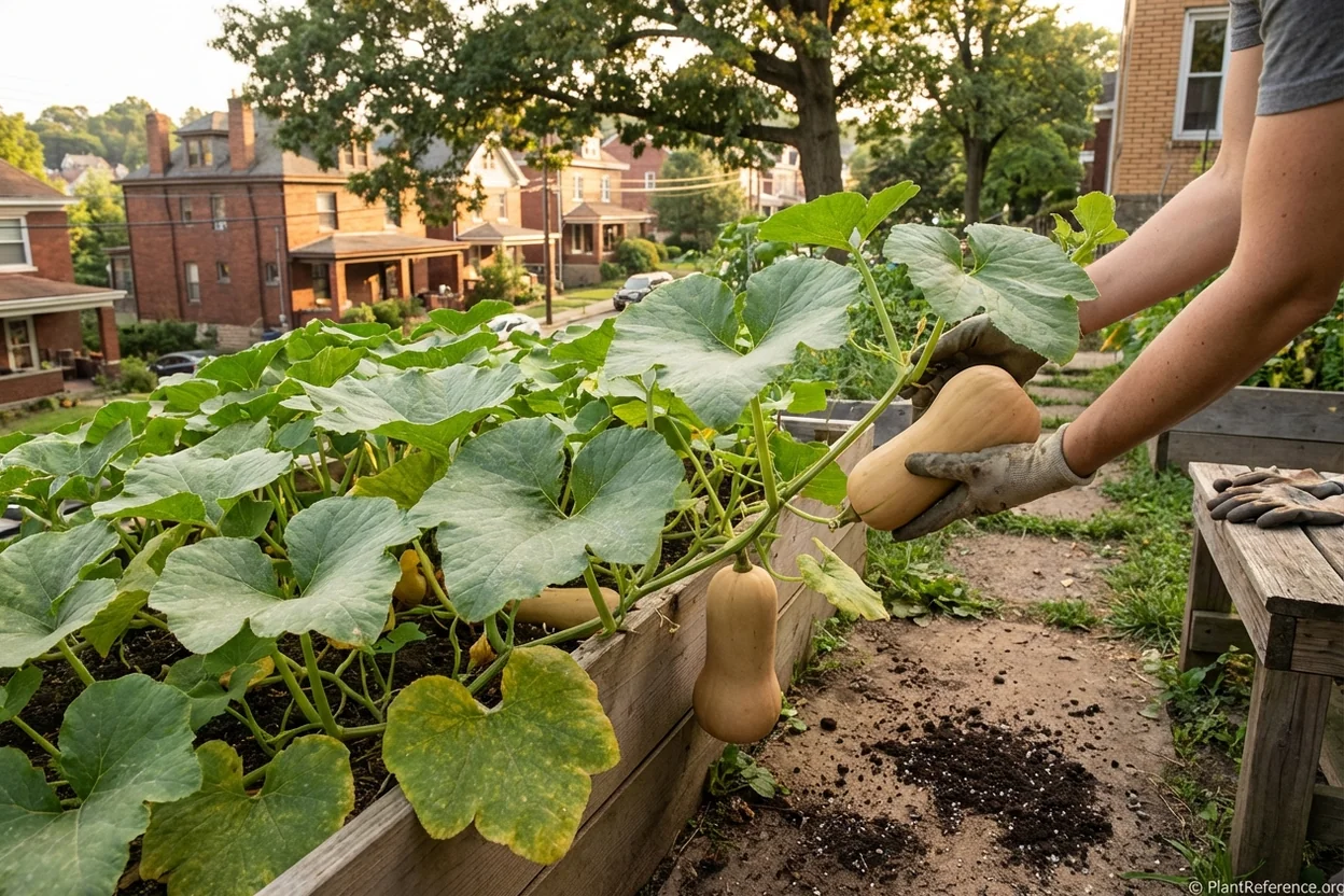 Butternut squash plants growing successfully in Pittsburgh Zone 6b garden with developing fruits visible