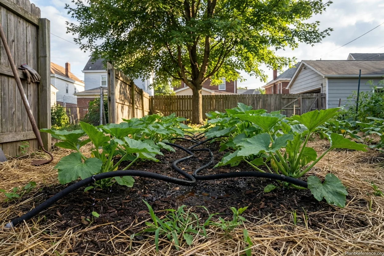Drip irrigation watering squash plants in Pittsburgh garden to prevent foliar diseases