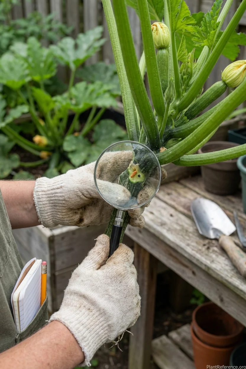 Gardener checking squash plants for vine borer damage and other pests in Pittsburgh Zone 6b garden