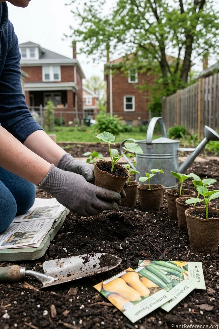 Transplanting squash seedlings in Pittsburgh garden during optimal May planting window