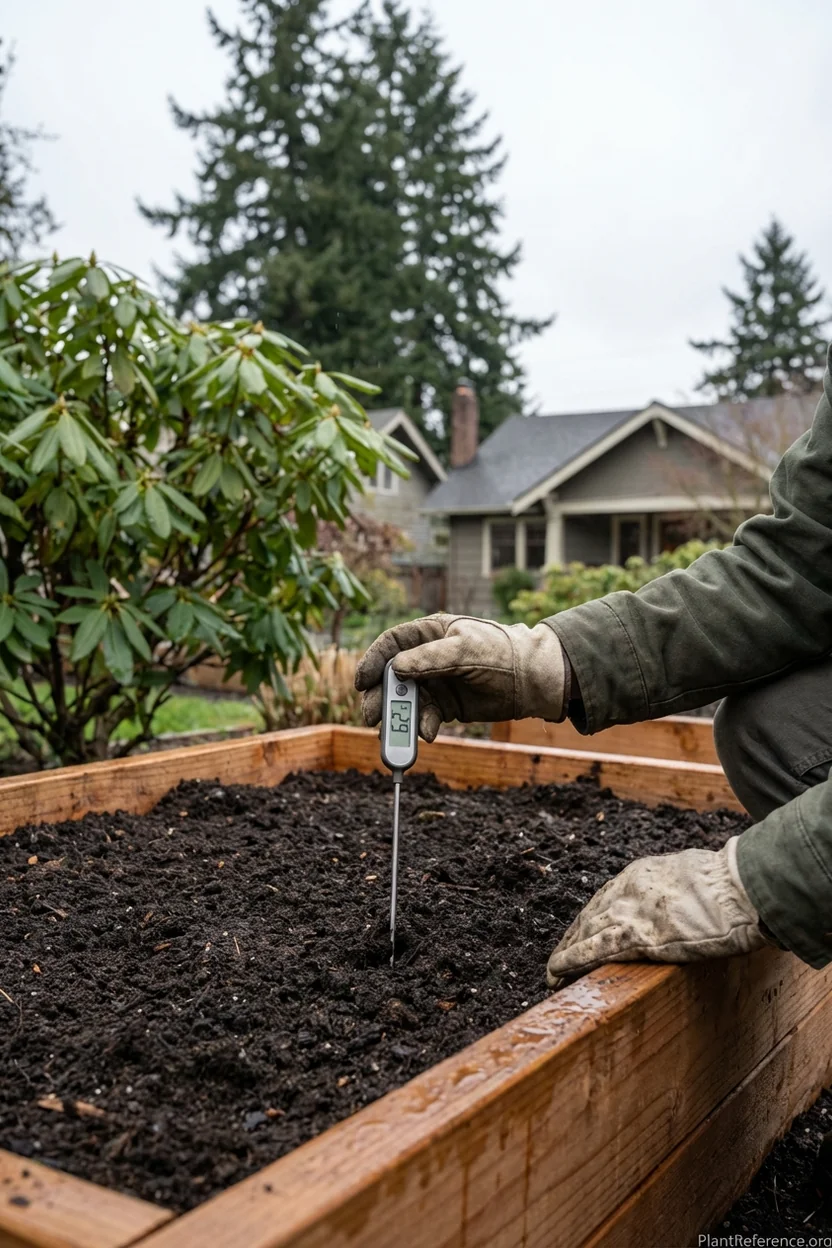 Gardener checking soil temperature before planting squash in Portland Oregon Zone 8b
