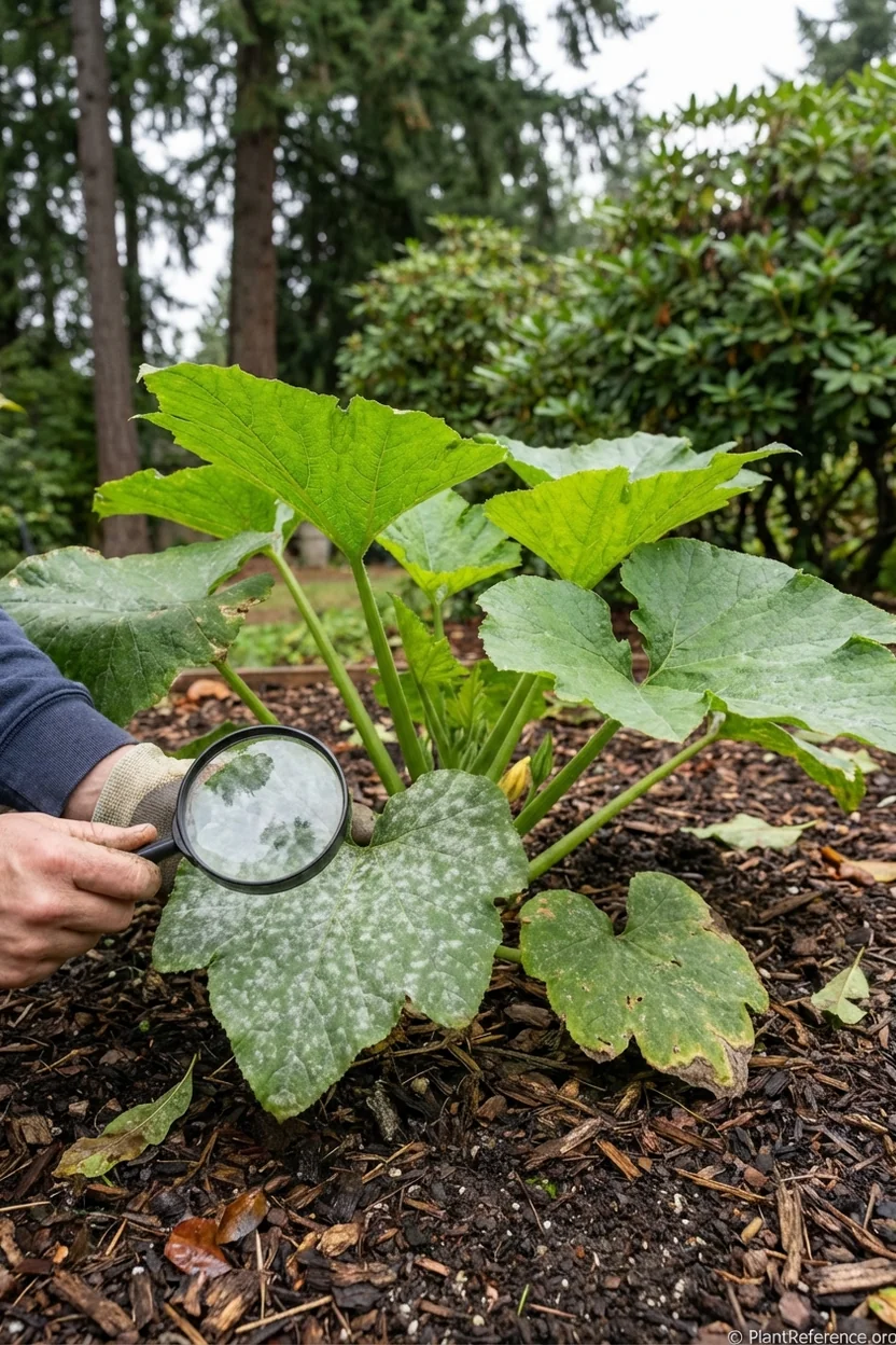 Early powdery mildew symptoms on squash leaves in humid Portland Oregon climate