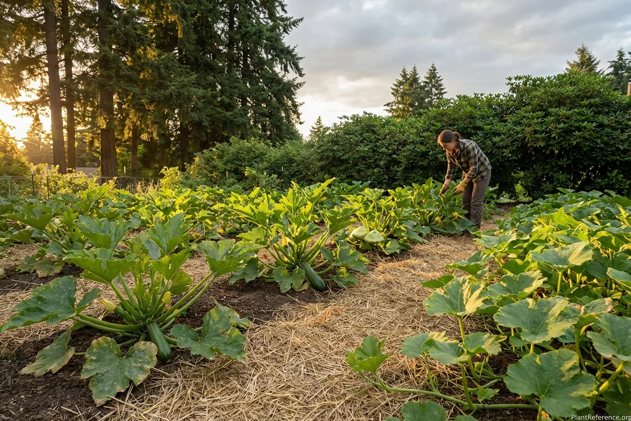 Well-spaced squash plants in Portland garden with good air circulation for disease prevention