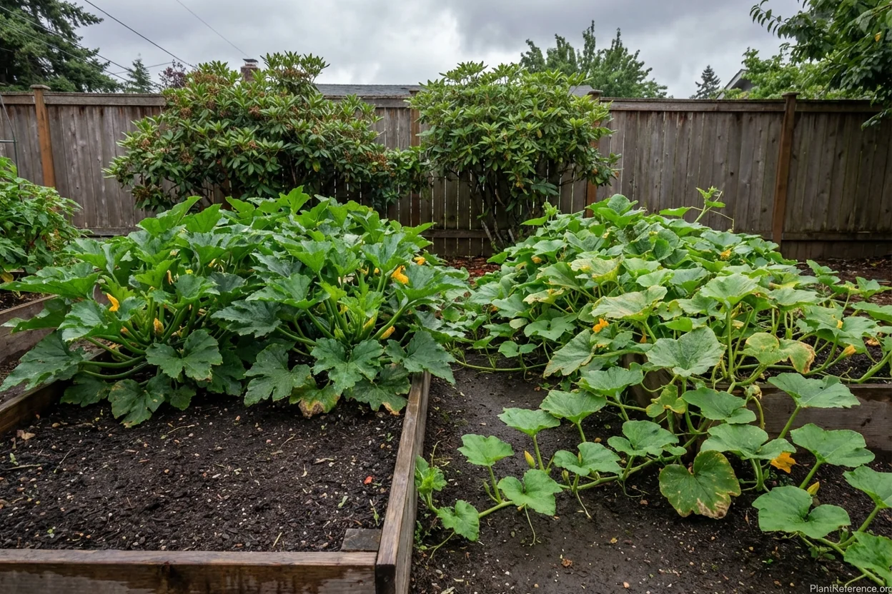 Summer and winter squash varieties growing in Portland Oregon Zone 8b garden showing different growth habits