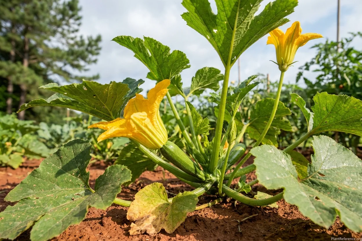 Male and female squash flowers in Raleigh North Carolina garden showing pollination needs