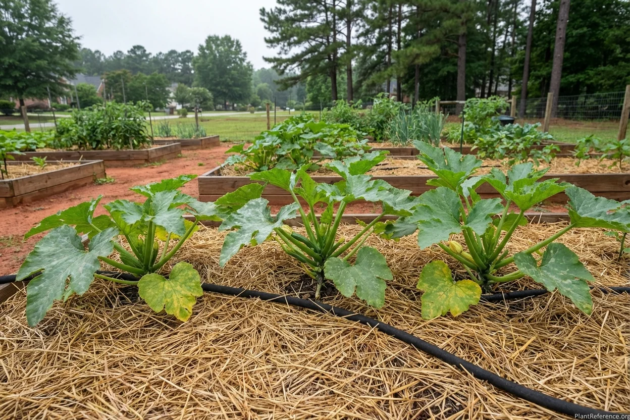 Properly spaced and mulched squash plants in Raleigh North Carolina garden with good air circulation