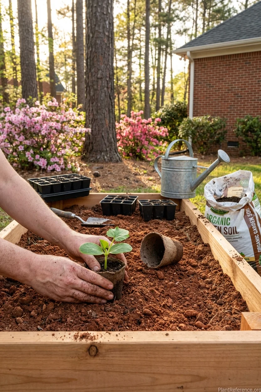Transplanting squash seedlings in Raleigh North Carolina garden in April spring planting