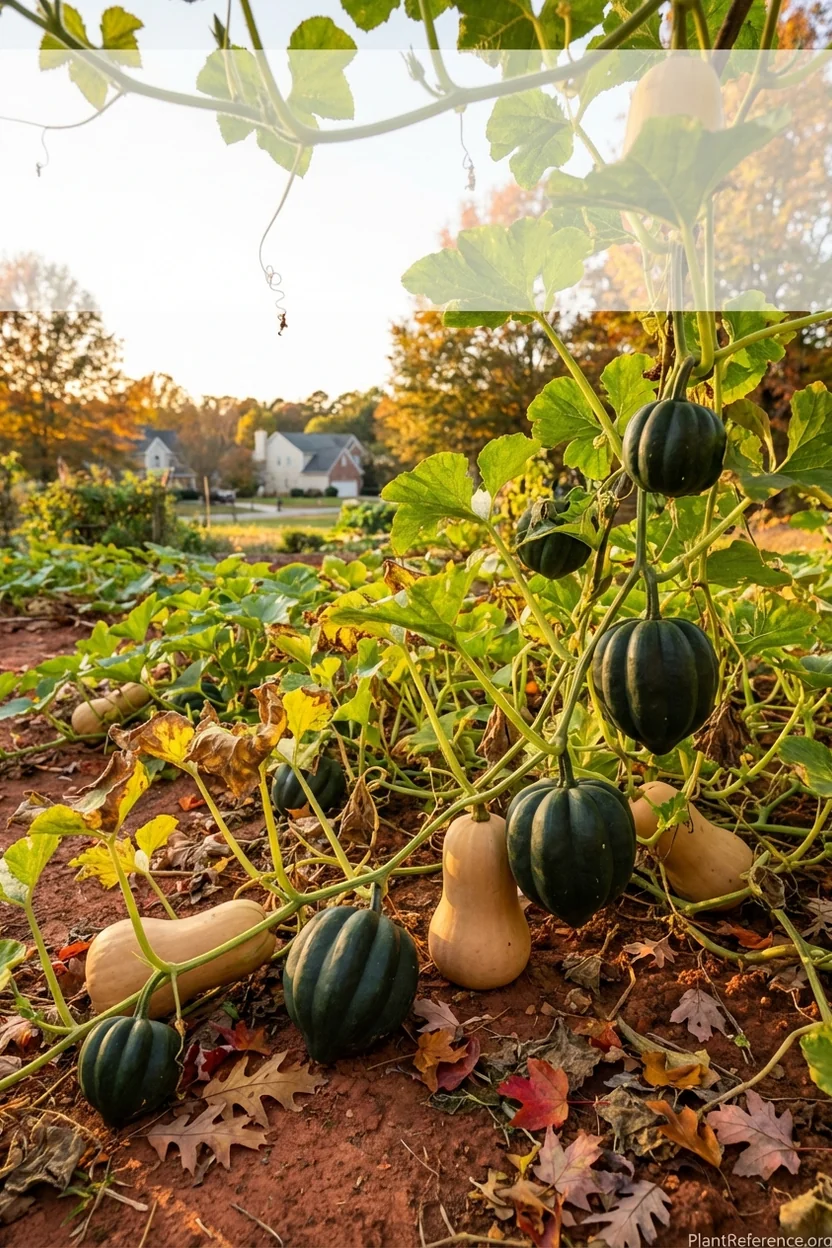 Winter squash varieties growing in Raleigh North Carolina garden in fall before harvest