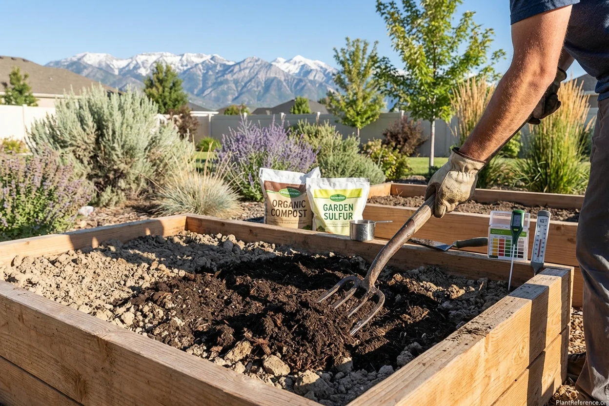 Salt Lake City garden soil being amended with compost for squash growing in alkaline Utah conditions