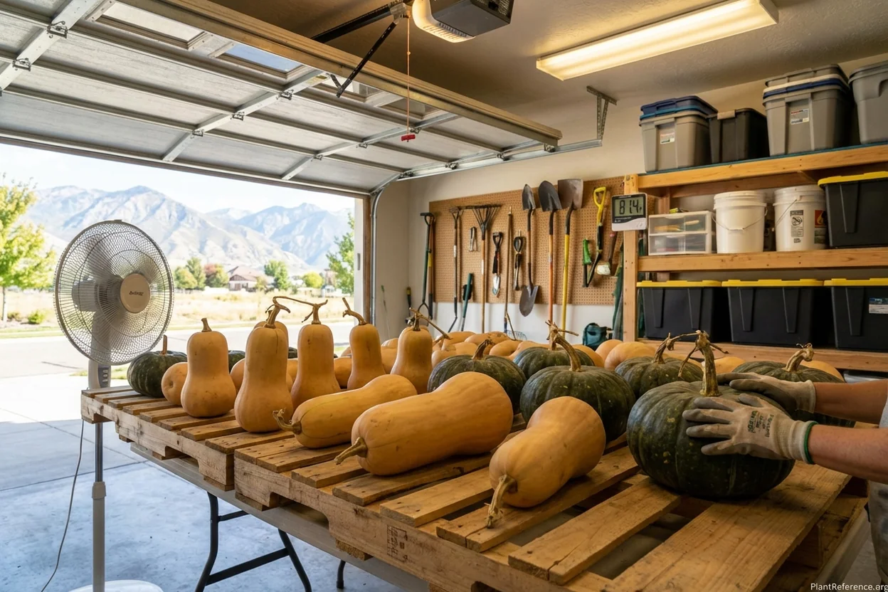 Winter squash varieties curing in Salt Lake City garage with proper air circulation for optimal storage preparation