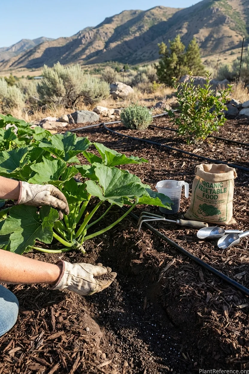Side-dressing squash plants with organic fertilizer in Salt Lake City garden for optimal nutrition