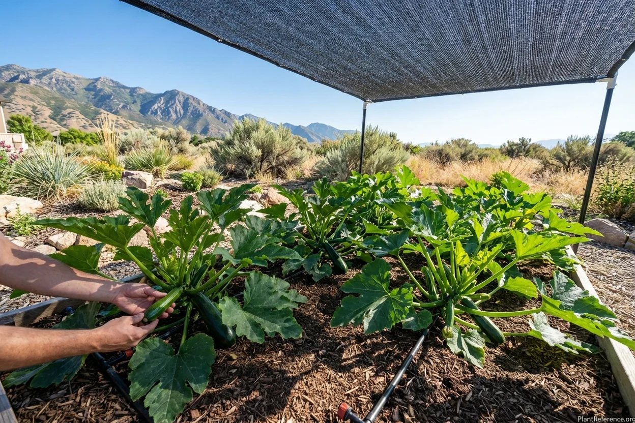 Black Beauty zucchini thriving in Salt Lake City garden with shade cloth for afternoon UV protection