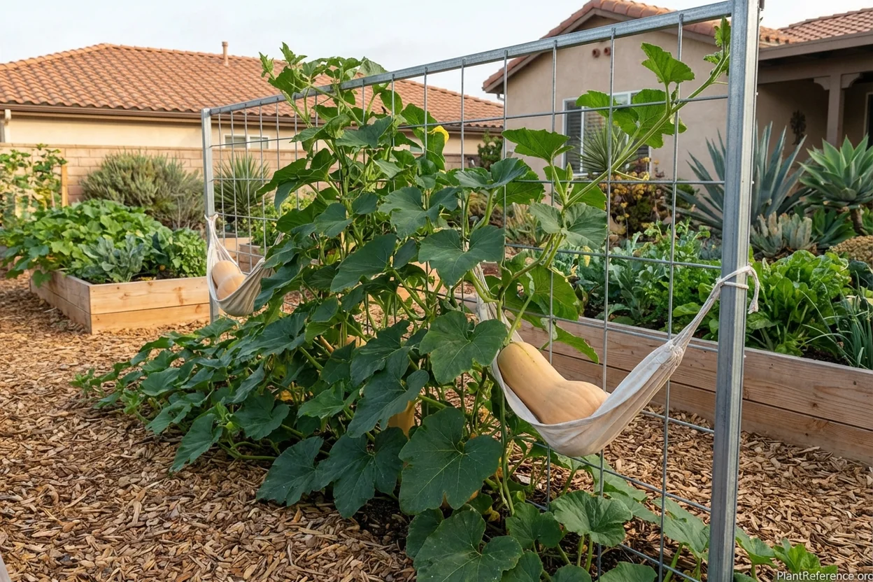 Butternut squash growing vertically on trellis system in San Diego garden with fruit supports
