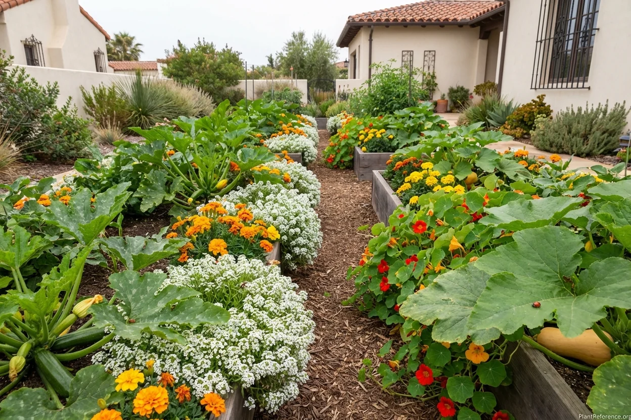 Squash growing alongside companion plants creating beneficial insect habitat in San Diego garden