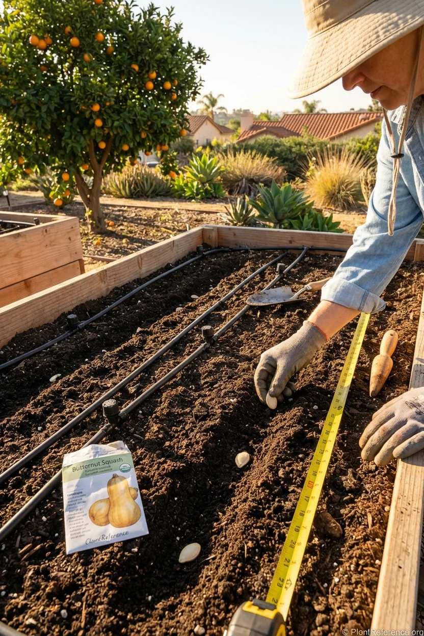 Planting squash seeds in San Diego garden bed with drip irrigation for consistent moisture