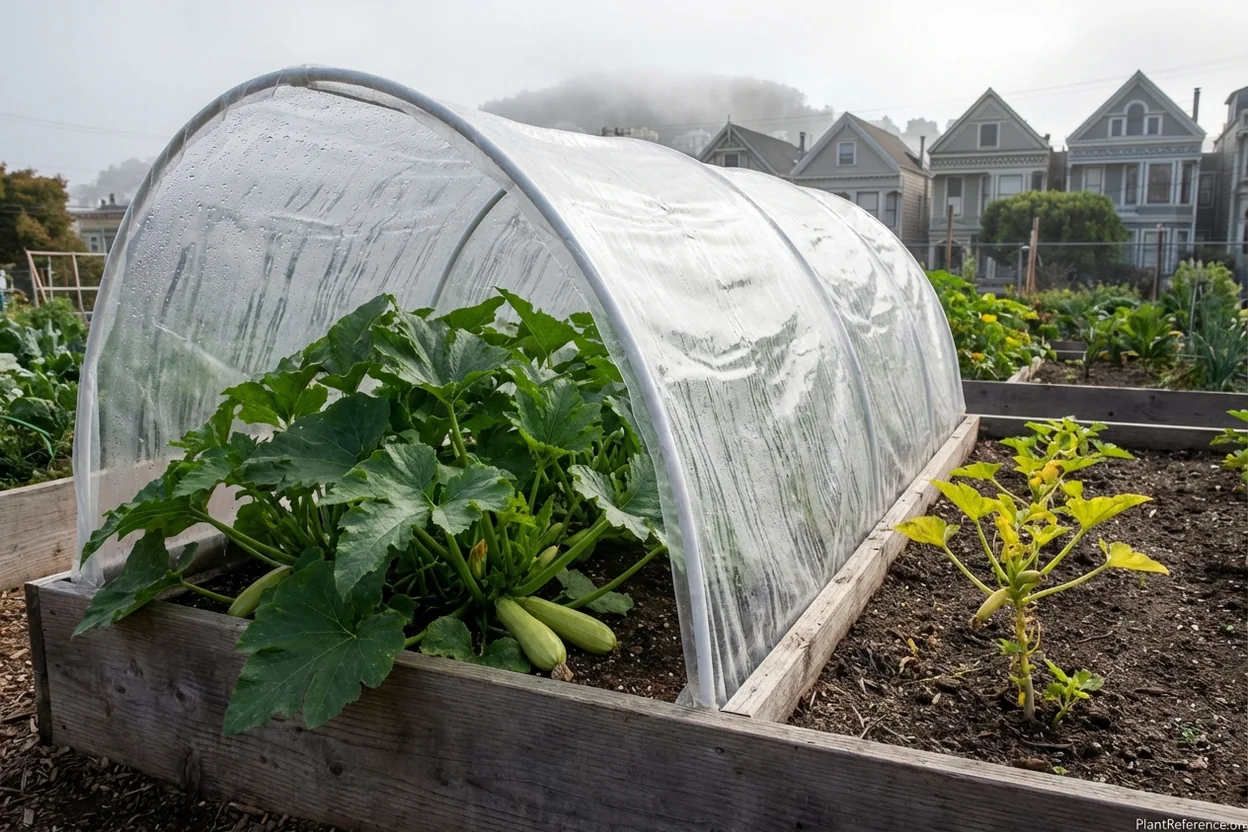 Protected vs unprotected squash plants San Francisco showing growth differences