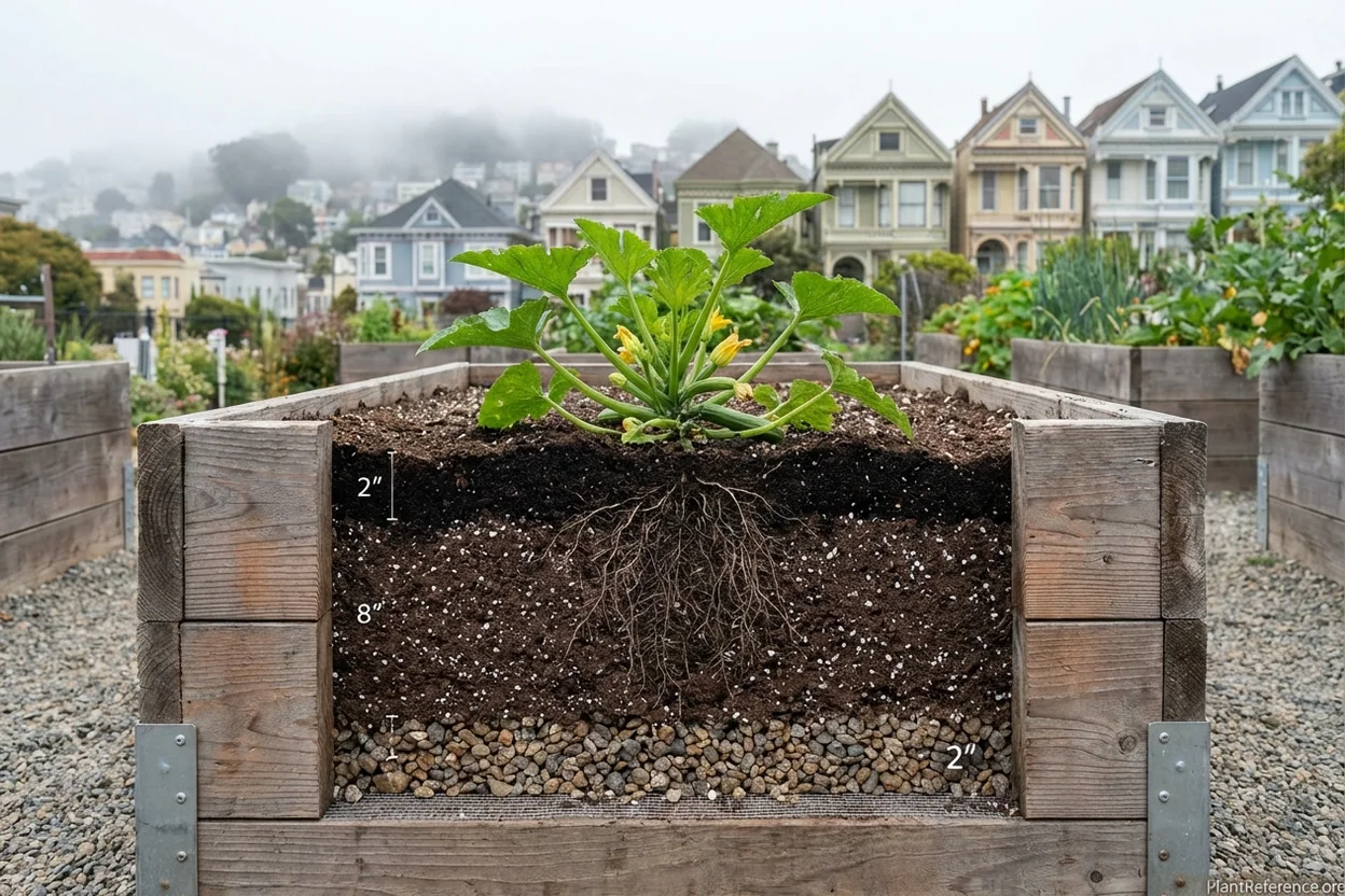 Soil preparation for squash growing in San Francisco Zone 10a raised beds