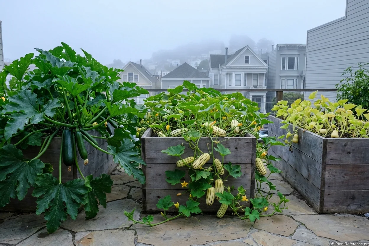 Best squash varieties for San Francisco Zone 10a showing growth differences in cool climate