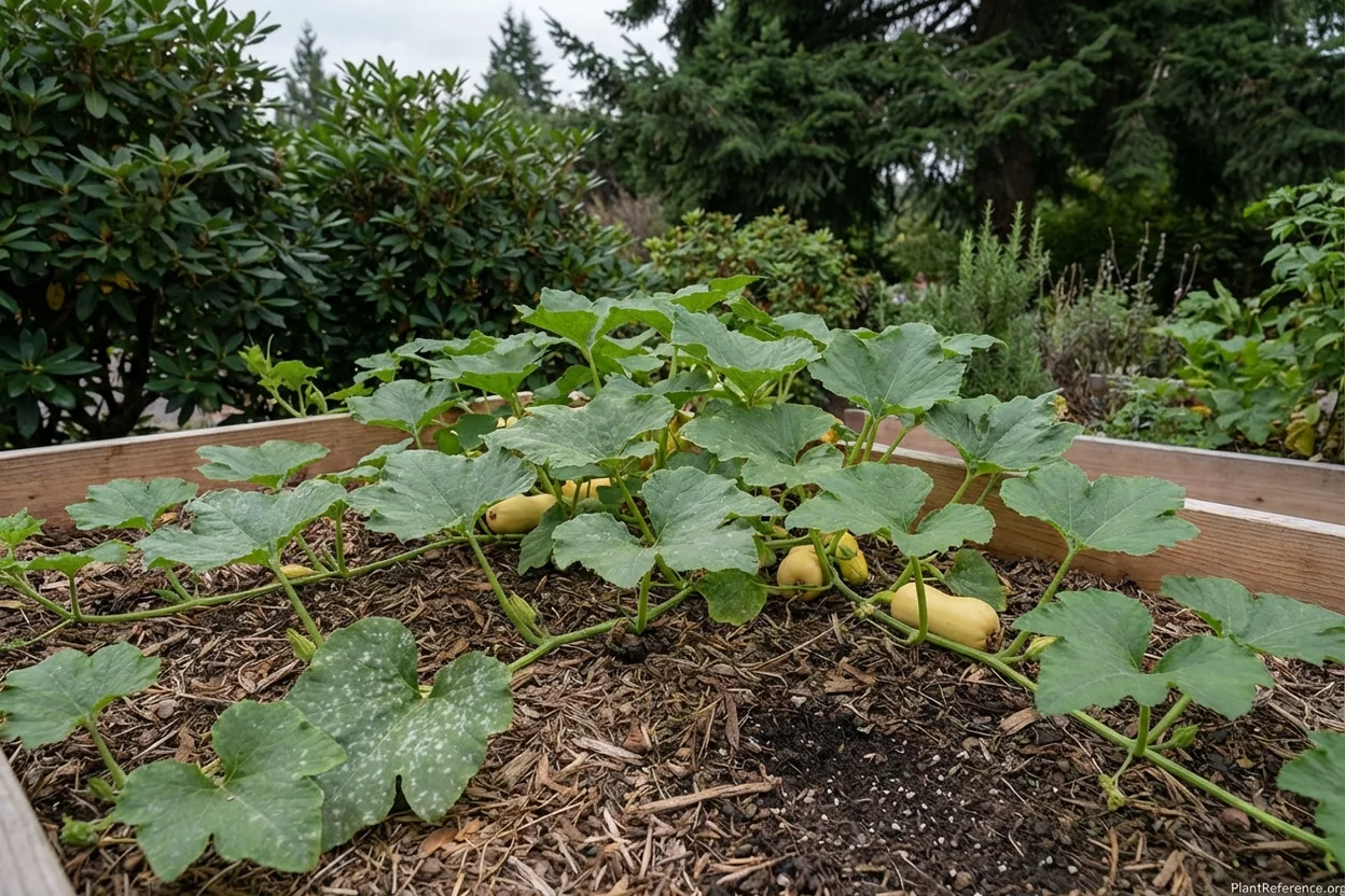 Butternut squash {Cucurbita moschata} growing successfully in Seattle Zone 8b garden conditions