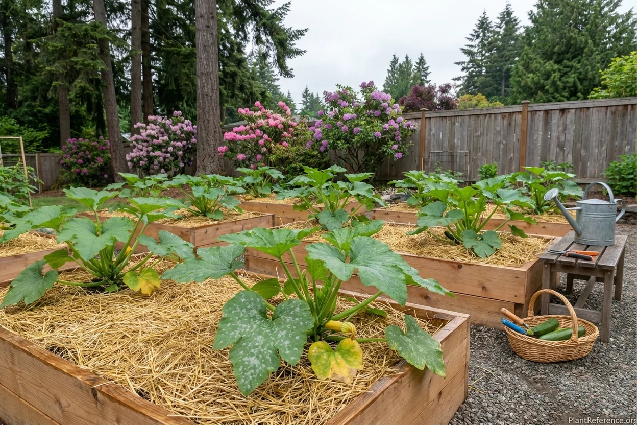 Properly spaced squash plants in Seattle garden with organic mulch for disease prevention