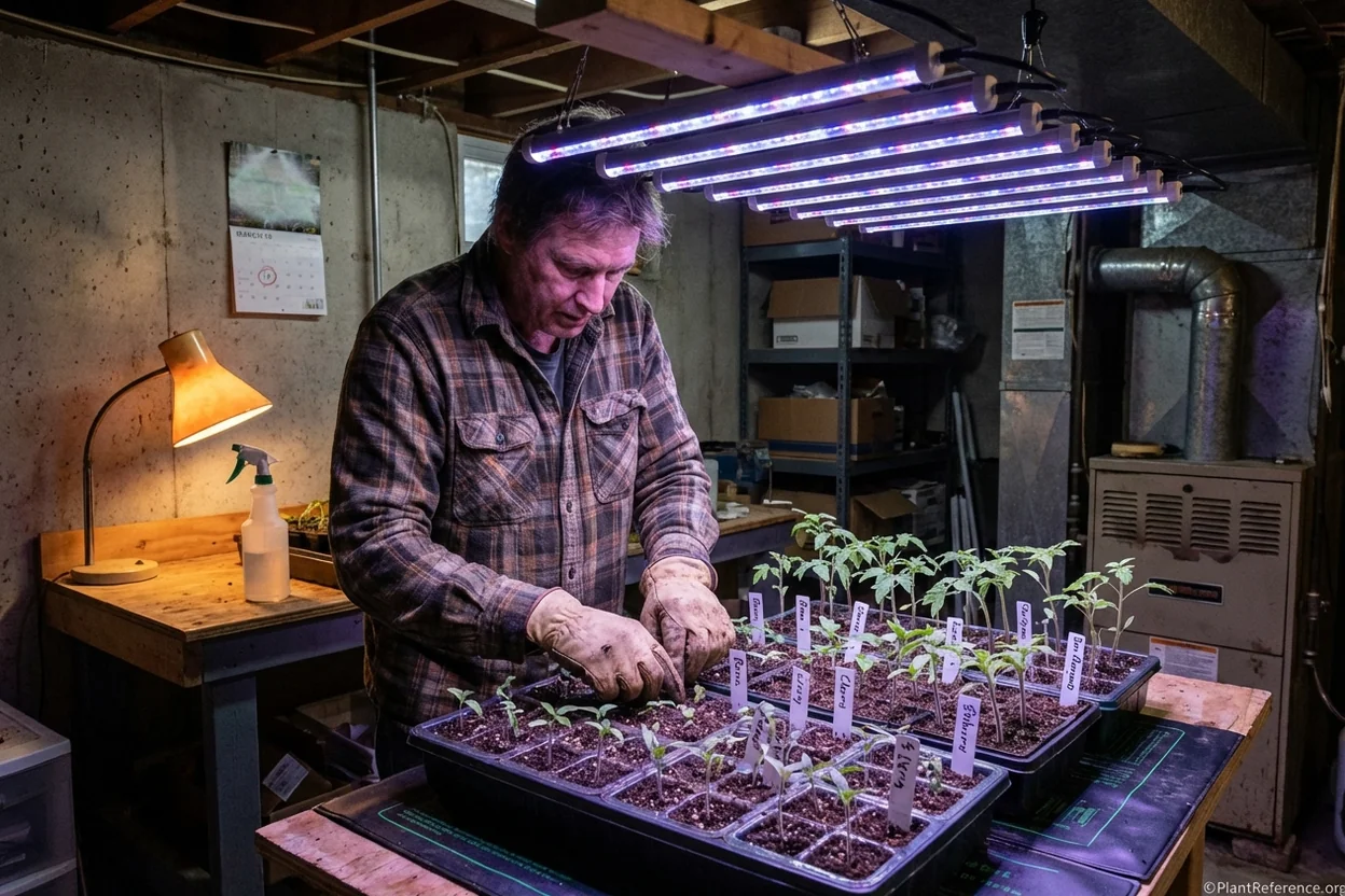 Indoor tomato seed starting setup in Boston home with grow lights and heat mat