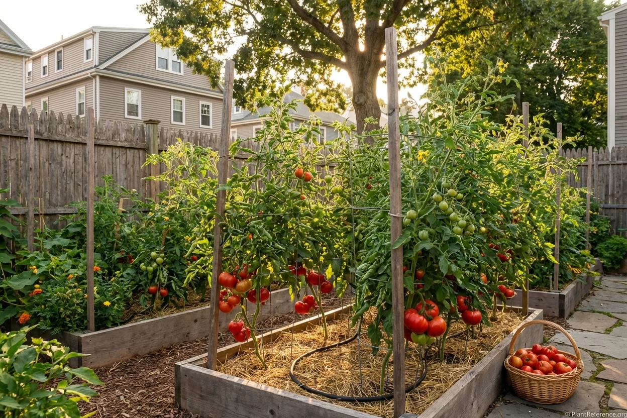 Healthy tomato plants with ripe fruit during Boston's August peak growing season