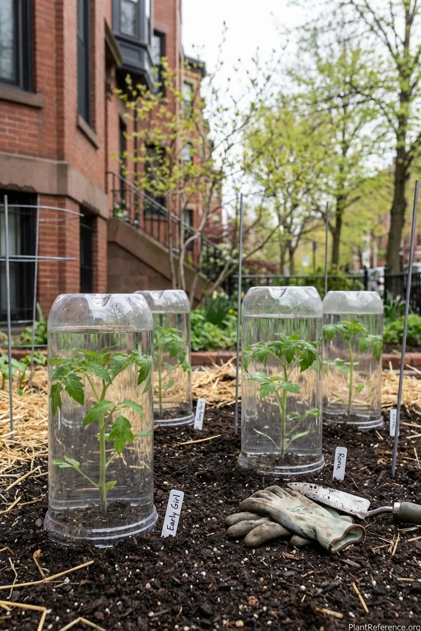 Tomato transplants in Boston garden with Wall-o-Water protection in early May