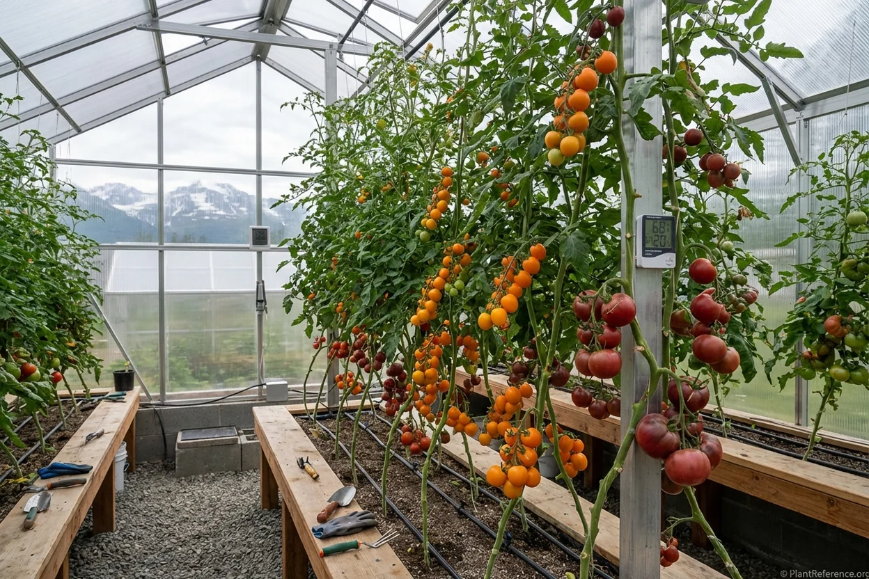 Ripe tomatoes growing in Alaska greenhouse showing successful Zone 4b cultivation with mountain backdrop