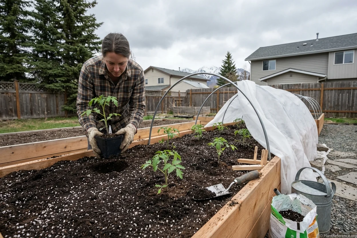 Transplanting tomato seedlings in Anchorage Alaska raised bed with frost protection covers for Zone 4b growing