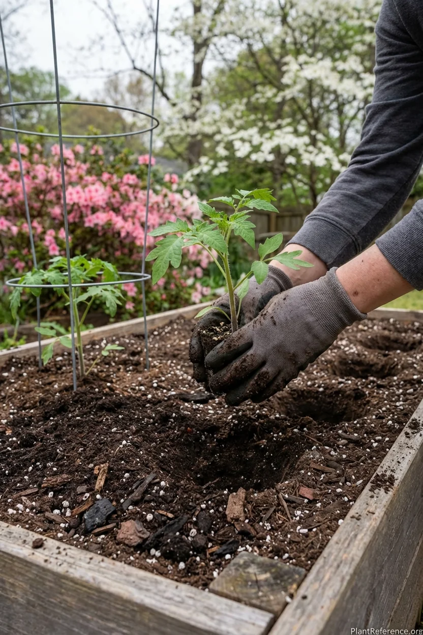 Proper tomato transplanting technique in Atlanta Zone 8a garden in early April