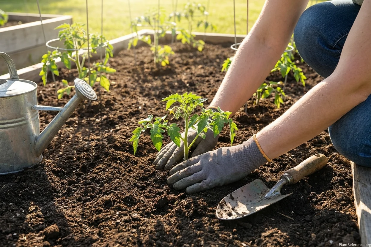 Deep planting technique for tomatoes in Atlanta Zone 8a showing buried stem method